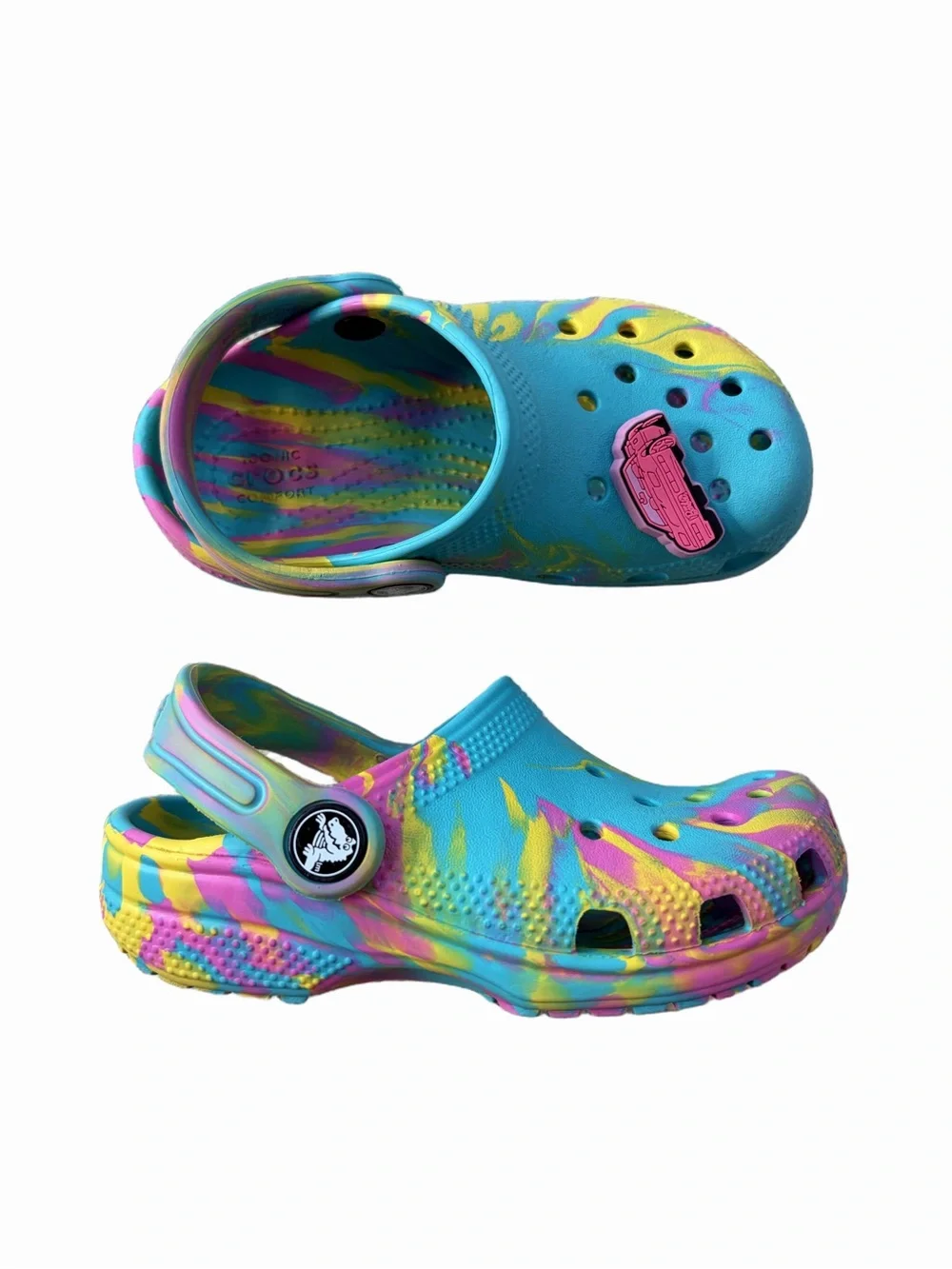 Crocs Toddler Size 10 Classic Marbled Tie-Dye Clogs Sandals in Aqua Multicolor